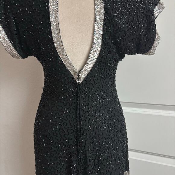 VTG 80s Saks Fifth Avenue Black Silk Beaded Nights Cocktail Bow Dress S Holiday - Picture 7 of 14